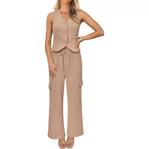 imageBTFBM Womens 2024 Summer Track Suits 2 Piece Outfits Matching Sets Ribbed Knit Button Down Cropped Vest Wide Leg PantsSolid Khaki