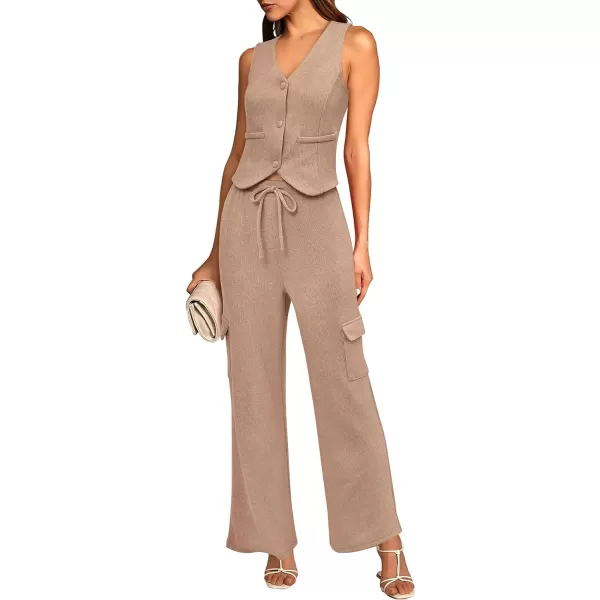 imageBTFBM Womens 2024 Summer Track Suits 2 Piece Outfits Matching Sets Ribbed Knit Button Down Cropped Vest Wide Leg PantsSolid Khaki