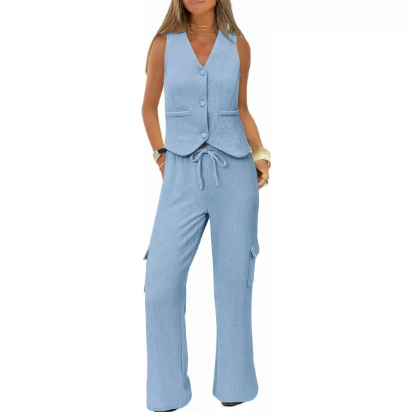 imageBTFBM Womens 2024 Summer Track Suits 2 Piece Outfits Matching Sets Ribbed Knit Button Down Cropped Vest Wide Leg PantsSolid Light Blue