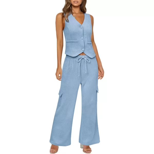 imageBTFBM Womens 2024 Summer Track Suits 2 Piece Outfits Matching Sets Ribbed Knit Button Down Cropped Vest Wide Leg PantsSolid Light Blue