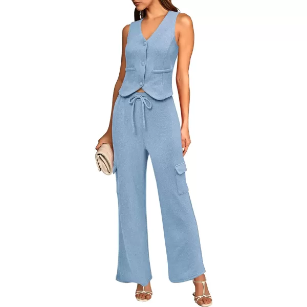 imageBTFBM Womens 2024 Summer Track Suits 2 Piece Outfits Matching Sets Ribbed Knit Button Down Cropped Vest Wide Leg PantsSolid Light Blue