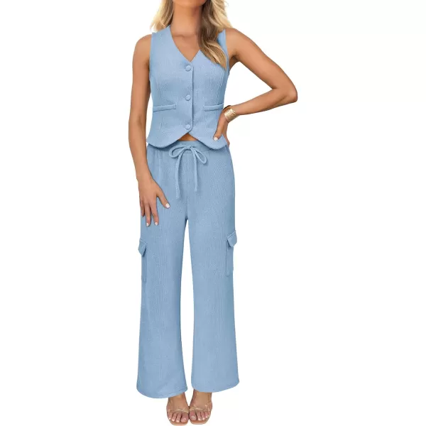 imageBTFBM Womens 2024 Summer Track Suits 2 Piece Outfits Matching Sets Ribbed Knit Button Down Cropped Vest Wide Leg PantsSolid Light Blue