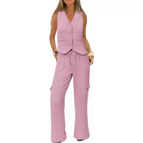 imageBTFBM Womens 2024 Summer Track Suits 2 Piece Outfits Matching Sets Ribbed Knit Button Down Cropped Vest Wide Leg PantsSolid Pink