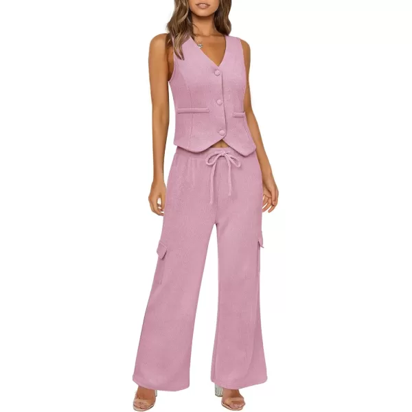 imageBTFBM Womens 2024 Summer Track Suits 2 Piece Outfits Matching Sets Ribbed Knit Button Down Cropped Vest Wide Leg PantsSolid Pink