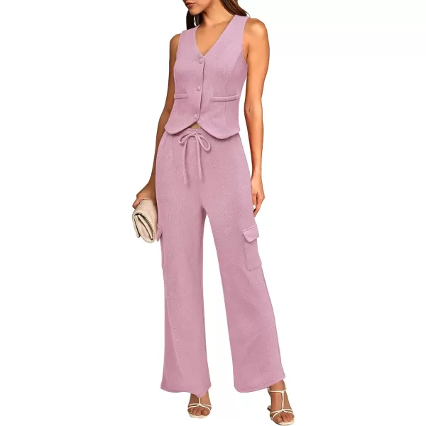 imageBTFBM Womens 2024 Summer Track Suits 2 Piece Outfits Matching Sets Ribbed Knit Button Down Cropped Vest Wide Leg PantsSolid Pink