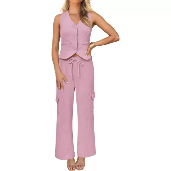 imageBTFBM Womens 2024 Summer Track Suits 2 Piece Outfits Matching Sets Ribbed Knit Button Down Cropped Vest Wide Leg PantsSolid Pink
