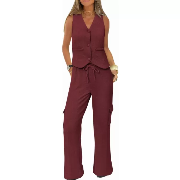imageBTFBM Womens 2024 Summer Track Suits 2 Piece Outfits Matching Sets Ribbed Knit Button Down Cropped Vest Wide Leg PantsSolid Wine Red