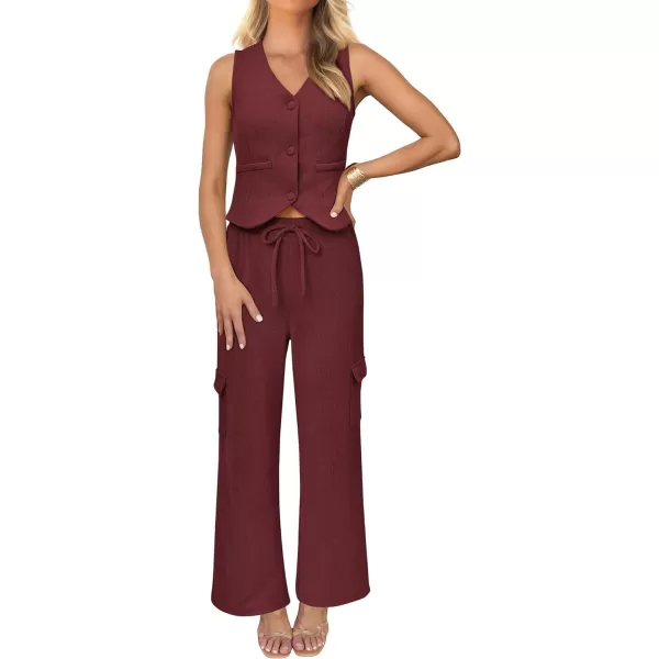 imageBTFBM Womens 2024 Summer Track Suits 2 Piece Outfits Matching Sets Ribbed Knit Button Down Cropped Vest Wide Leg PantsSolid Wine Red