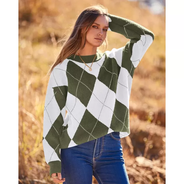 imageBTFBM Womens Argyle Plaid Pullover Crew Neck Casual Long Sleeve Christmas Sweater Oversized Fall Winter Knit Jumper TopArgyle Army Green