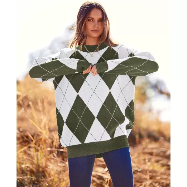 imageBTFBM Womens Argyle Plaid Pullover Crew Neck Casual Long Sleeve Christmas Sweater Oversized Fall Winter Knit Jumper TopArgyle Army Green
