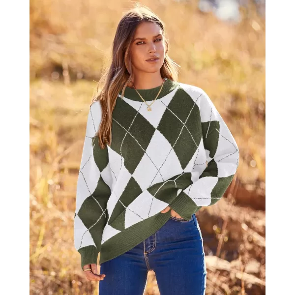 imageBTFBM Womens Argyle Plaid Pullover Crew Neck Casual Long Sleeve Christmas Sweater Oversized Fall Winter Knit Jumper TopArgyle Army Green
