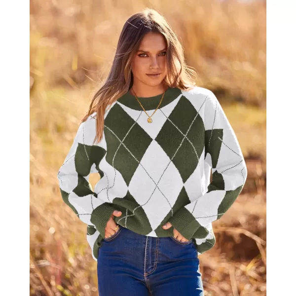 imageBTFBM Womens Argyle Plaid Pullover Crew Neck Casual Long Sleeve Christmas Sweater Oversized Fall Winter Knit Jumper TopArgyle Army Green