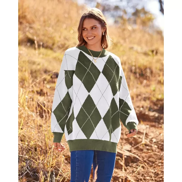 imageBTFBM Womens Argyle Plaid Pullover Crew Neck Casual Long Sleeve Christmas Sweater Oversized Fall Winter Knit Jumper TopArgyle Army Green