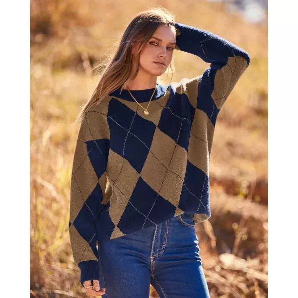 imageBTFBM Womens Argyle Plaid Pullover Crew Neck Casual Long Sleeve Christmas Sweater Oversized Fall Winter Knit Jumper TopArgyle Brown