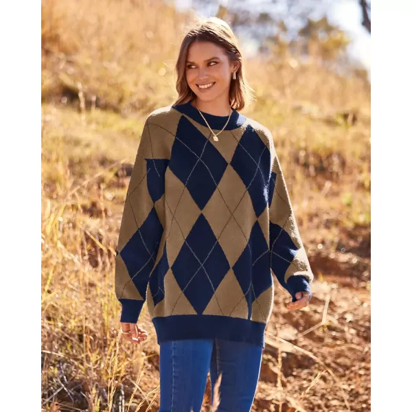 imageBTFBM Womens Argyle Plaid Pullover Crew Neck Casual Long Sleeve Christmas Sweater Oversized Fall Winter Knit Jumper TopArgyle Brown