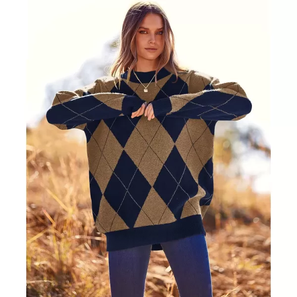 imageBTFBM Womens Argyle Plaid Pullover Crew Neck Casual Long Sleeve Christmas Sweater Oversized Fall Winter Knit Jumper TopArgyle Brown