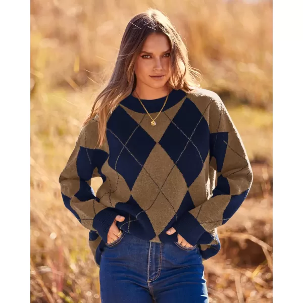 imageBTFBM Womens Argyle Plaid Pullover Crew Neck Casual Long Sleeve Christmas Sweater Oversized Fall Winter Knit Jumper TopArgyle Brown