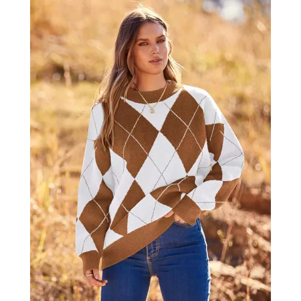 imageBTFBM Womens Argyle Plaid Pullover Crew Neck Casual Long Sleeve Christmas Sweater Oversized Fall Winter Knit Jumper TopArgyle Dark Khaki