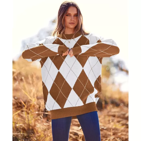 imageBTFBM Womens Argyle Plaid Pullover Crew Neck Casual Long Sleeve Christmas Sweater Oversized Fall Winter Knit Jumper TopArgyle Dark Khaki