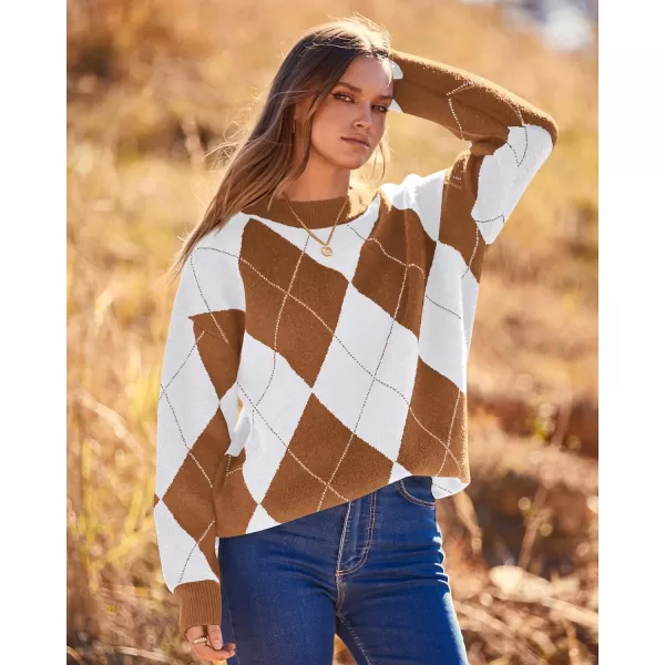 imageBTFBM Womens Argyle Plaid Pullover Crew Neck Casual Long Sleeve Christmas Sweater Oversized Fall Winter Knit Jumper TopArgyle Dark Khaki