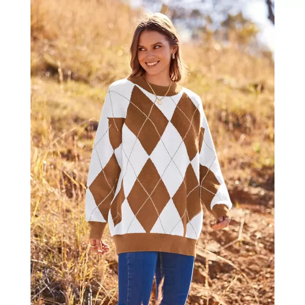 imageBTFBM Womens Argyle Plaid Pullover Crew Neck Casual Long Sleeve Christmas Sweater Oversized Fall Winter Knit Jumper TopArgyle Dark Khaki