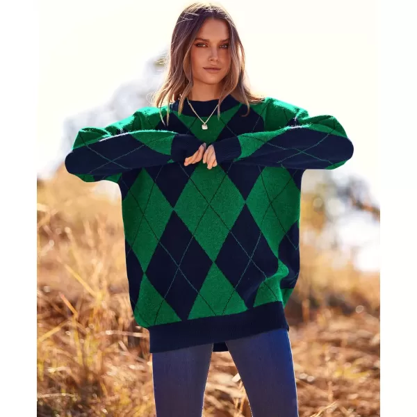 imageBTFBM Womens Argyle Plaid Pullover Crew Neck Casual Long Sleeve Christmas Sweater Oversized Fall Winter Knit Jumper TopArgyle Green