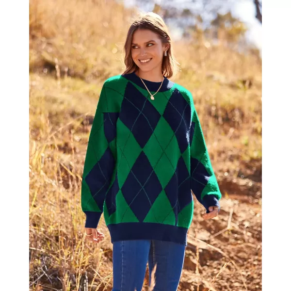 imageBTFBM Womens Argyle Plaid Pullover Crew Neck Casual Long Sleeve Christmas Sweater Oversized Fall Winter Knit Jumper TopArgyle Green