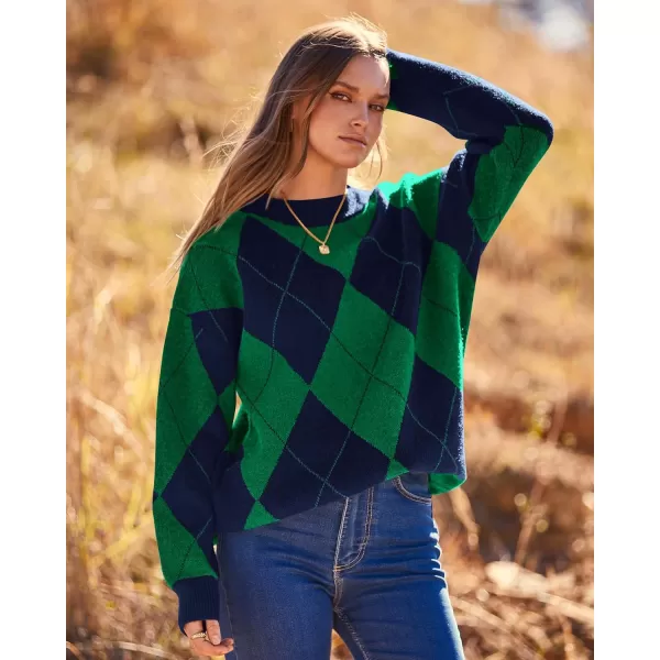 imageBTFBM Womens Argyle Plaid Pullover Crew Neck Casual Long Sleeve Christmas Sweater Oversized Fall Winter Knit Jumper TopArgyle Green