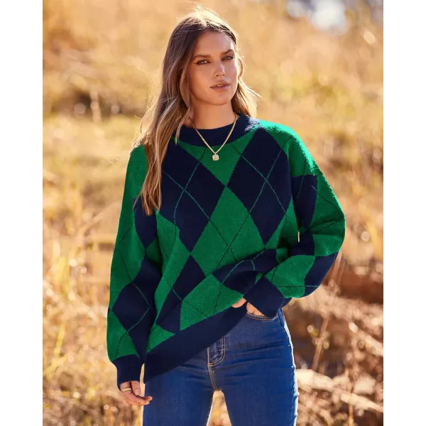 imageBTFBM Womens Argyle Plaid Pullover Crew Neck Casual Long Sleeve Christmas Sweater Oversized Fall Winter Knit Jumper TopArgyle Green