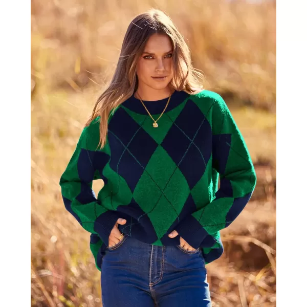 imageBTFBM Womens Argyle Plaid Pullover Crew Neck Casual Long Sleeve Christmas Sweater Oversized Fall Winter Knit Jumper TopArgyle Green
