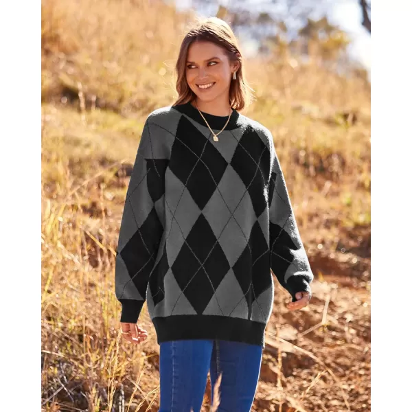 imageBTFBM Womens Argyle Plaid Pullover Crew Neck Casual Long Sleeve Christmas Sweater Oversized Fall Winter Knit Jumper TopArgyle Grey