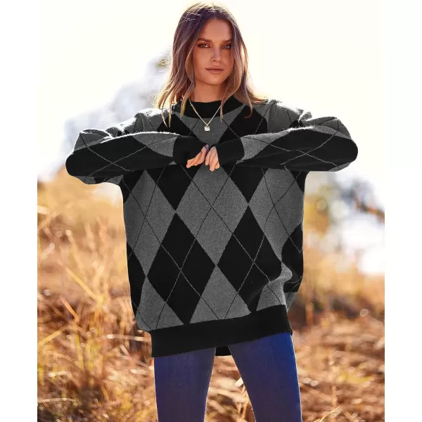 imageBTFBM Womens Argyle Plaid Pullover Crew Neck Casual Long Sleeve Christmas Sweater Oversized Fall Winter Knit Jumper TopArgyle Grey