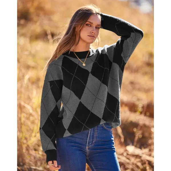 imageBTFBM Womens Argyle Plaid Pullover Crew Neck Casual Long Sleeve Christmas Sweater Oversized Fall Winter Knit Jumper TopArgyle Grey