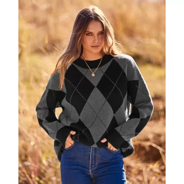 imageBTFBM Womens Argyle Plaid Pullover Crew Neck Casual Long Sleeve Christmas Sweater Oversized Fall Winter Knit Jumper TopArgyle Grey
