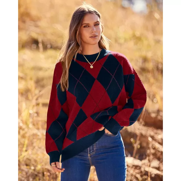 imageBTFBM Womens Argyle Plaid Pullover Crew Neck Casual Long Sleeve Christmas Sweater Oversized Fall Winter Knit Jumper TopArgyle Red