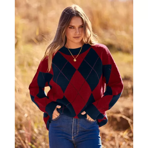 imageBTFBM Womens Argyle Plaid Pullover Crew Neck Casual Long Sleeve Christmas Sweater Oversized Fall Winter Knit Jumper TopArgyle Red