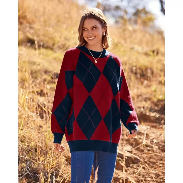 imageBTFBM Womens Argyle Plaid Pullover Crew Neck Casual Long Sleeve Christmas Sweater Oversized Fall Winter Knit Jumper TopArgyle Red
