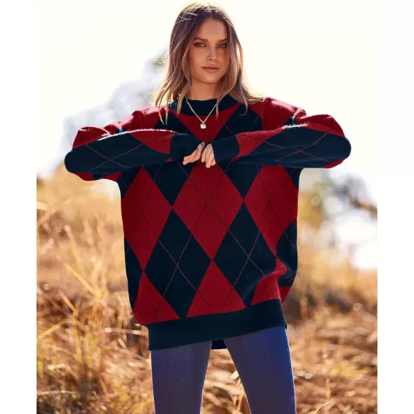 imageBTFBM Womens Argyle Plaid Pullover Crew Neck Casual Long Sleeve Christmas Sweater Oversized Fall Winter Knit Jumper TopArgyle Red