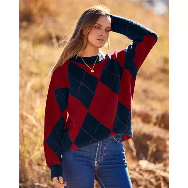 imageBTFBM Womens Argyle Plaid Pullover Crew Neck Casual Long Sleeve Christmas Sweater Oversized Fall Winter Knit Jumper TopArgyle Red