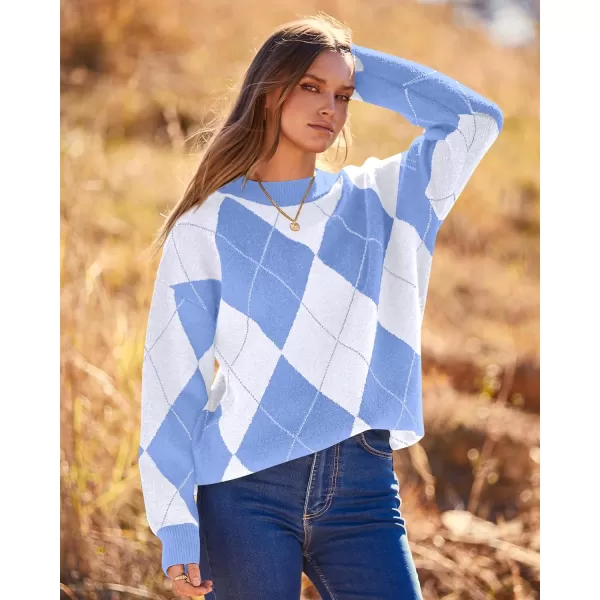 imageBTFBM Womens Argyle Plaid Pullover Crew Neck Casual Long Sleeve Christmas Sweater Oversized Fall Winter Knit Jumper TopArgyle Sky Blue