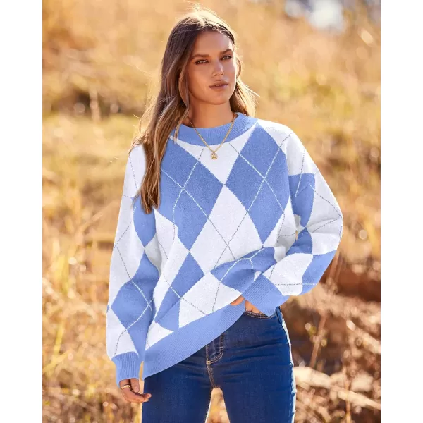 imageBTFBM Womens Argyle Plaid Pullover Crew Neck Casual Long Sleeve Christmas Sweater Oversized Fall Winter Knit Jumper TopArgyle Sky Blue