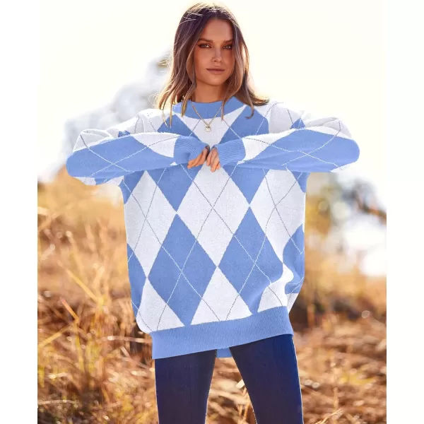 imageBTFBM Womens Argyle Plaid Pullover Crew Neck Casual Long Sleeve Christmas Sweater Oversized Fall Winter Knit Jumper TopArgyle Sky Blue
