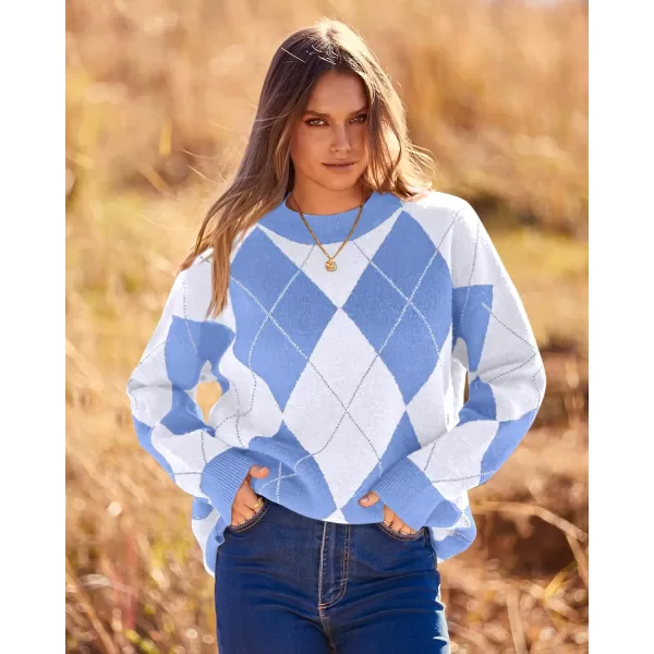 imageBTFBM Womens Argyle Plaid Pullover Crew Neck Casual Long Sleeve Christmas Sweater Oversized Fall Winter Knit Jumper TopArgyle Sky Blue