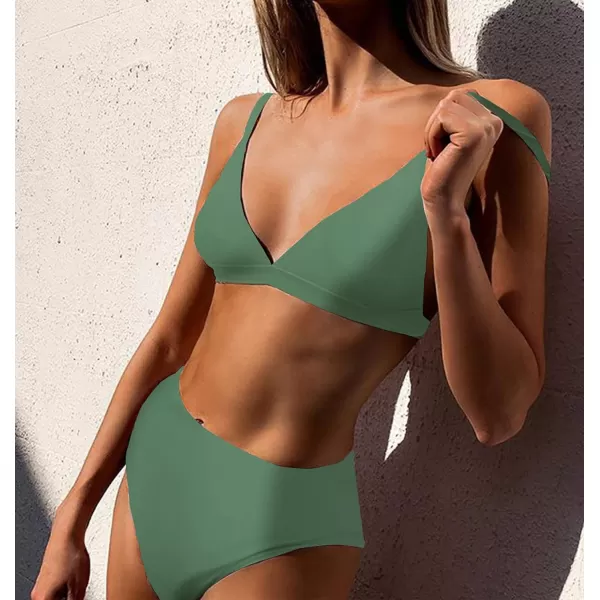imageBTFBM Womens Bikini Sets 2023 Summer Two Piece Swimsuit High Waisted V Neck Triangle Bathing Suit Casual Beach SwimwearSolid Army Green