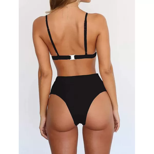 imageBTFBM Womens Bikini Sets 2023 Summer Two Piece Swimsuit High Waisted V Neck Triangle Bathing Suit Casual Beach SwimwearSolid Black