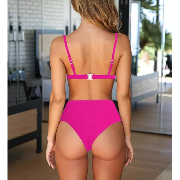 imageBTFBM Womens Bikini Sets 2023 Summer Two Piece Swimsuit High Waisted V Neck Triangle Bathing Suit Casual Beach SwimwearSolid Rose Red