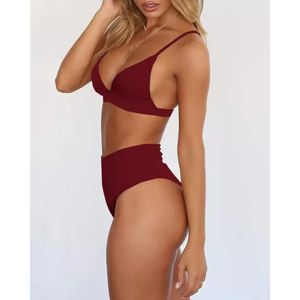 imageBTFBM Womens Bikini Sets 2023 Summer Two Piece Swimsuit High Waisted V Neck Triangle Bathing Suit Casual Beach SwimwearSolid Wine Red