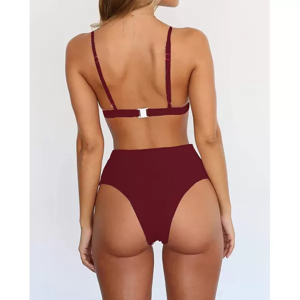 imageBTFBM Womens Bikini Sets 2023 Summer Two Piece Swimsuit High Waisted V Neck Triangle Bathing Suit Casual Beach SwimwearSolid Wine Red