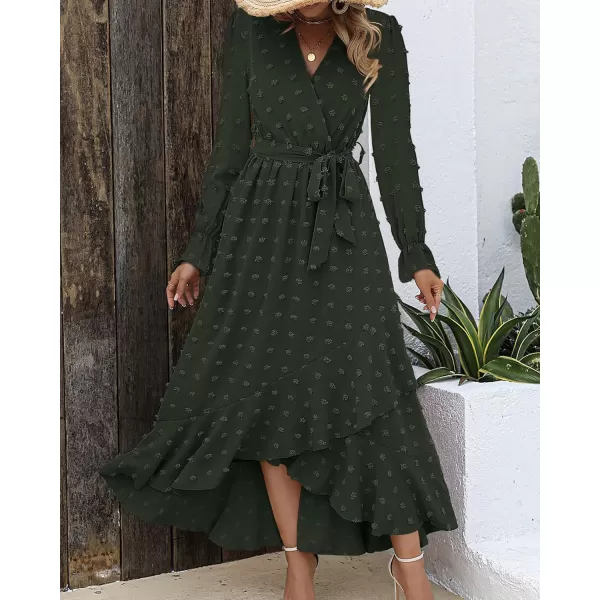 imageBTFBM Womens Boho Cocktail Maxi Dress 2023 Fall Fashion V Neck Swiss Dot Long Sleeve Flowy Slit Wedding Party DressesSwiss Dot Army Green