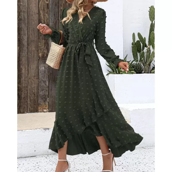 imageBTFBM Womens Boho Cocktail Maxi Dress 2023 Fall Fashion V Neck Swiss Dot Long Sleeve Flowy Slit Wedding Party DressesSwiss Dot Army Green